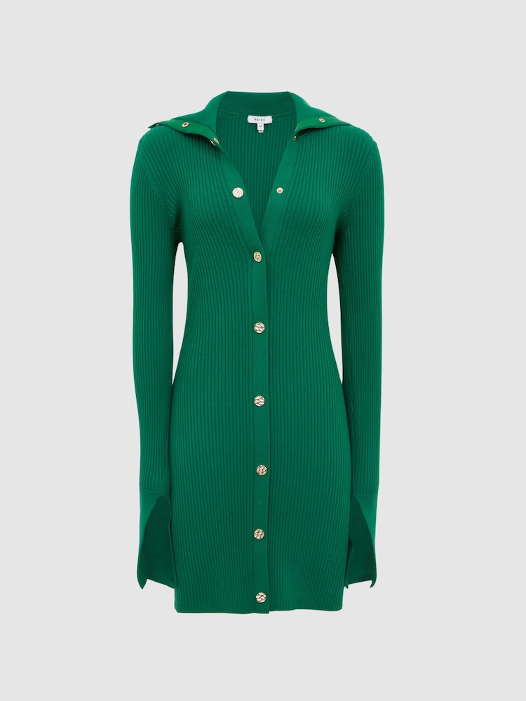 Reiss Green Rhiannon Ribbed Button Collar Mini Dress - Image 2 of 8