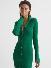 Reiss Green Rhiannon Ribbed Button Collar Mini Dress - Image 3 of 8