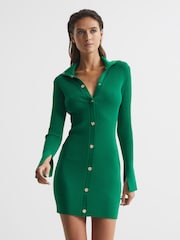 Reiss Green Rhiannon Ribbed Button Collar Mini Dress - Image 7 of 8