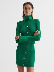 Reiss Green Rhiannon Ribbed Button Collar Mini Dress - Image 8 of 8