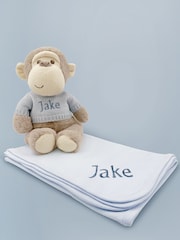 Babyblooms Blue Personalised Monkey Soft Toy with Snuggle Wrap Gift Set - Image 1 of 5