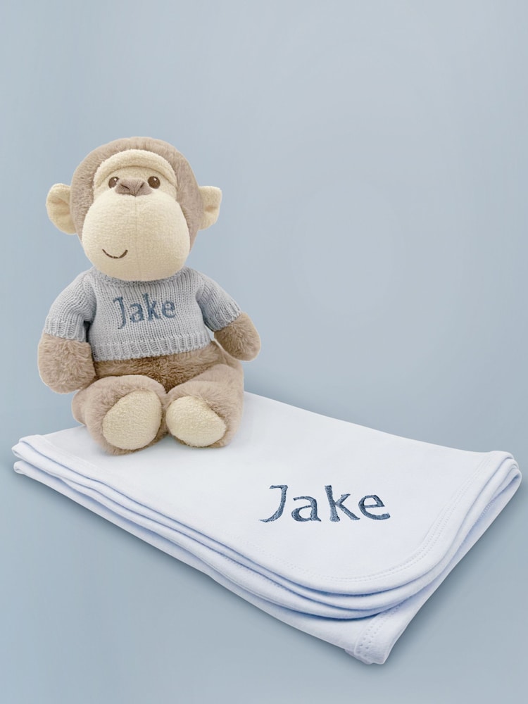 Babyblooms Blue Personalised Monkey Soft Toy with Snuggle Wrap Gift Set - Image 1 of 5