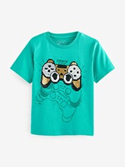 Teal Blue Gaming Controller Flippy Sequin Short Sleeves T-Shirt (3-16yrs) - Image 1 of 3
