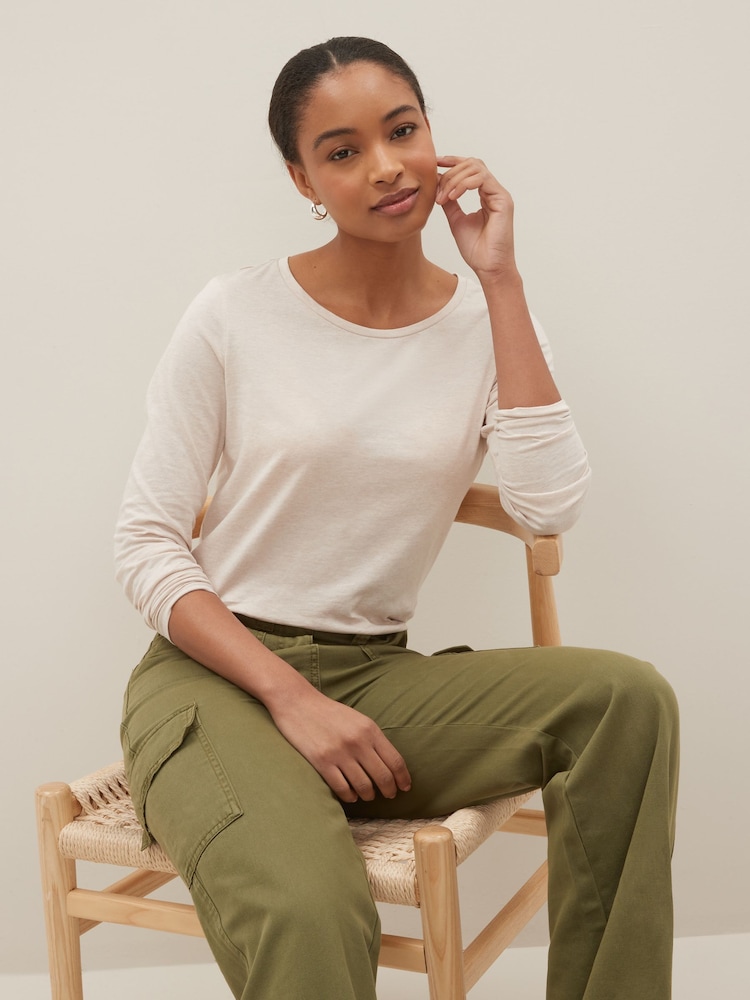 Oatmeal Long Sleeve Crew Neck 100% Cotton Top - Image 1 of 5 Oatmeal Long Sleeve Crew Neck 100% Cotton Top - Image 1 of 5