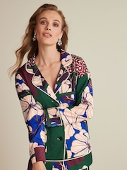 Green Patch Print Satin Button Front Blouse - Image 1 of 5