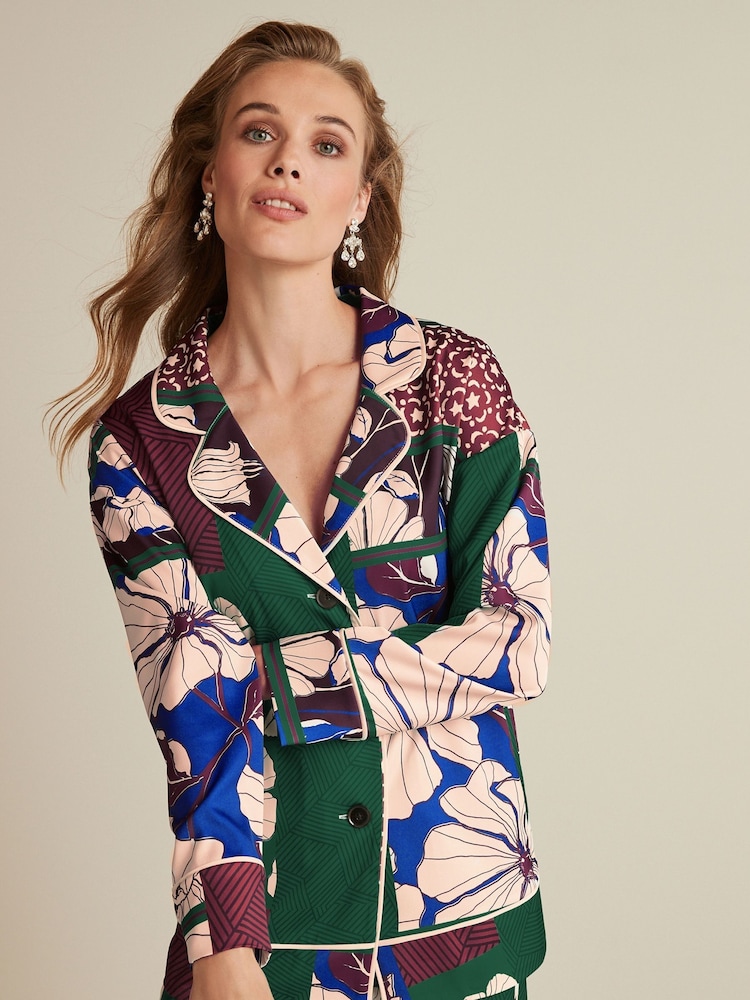 Green Patch Print Satin Button Front Blouse - Image 1 of 5 Green Patch Print Satin Button Front Blouse - Image 1 of 5