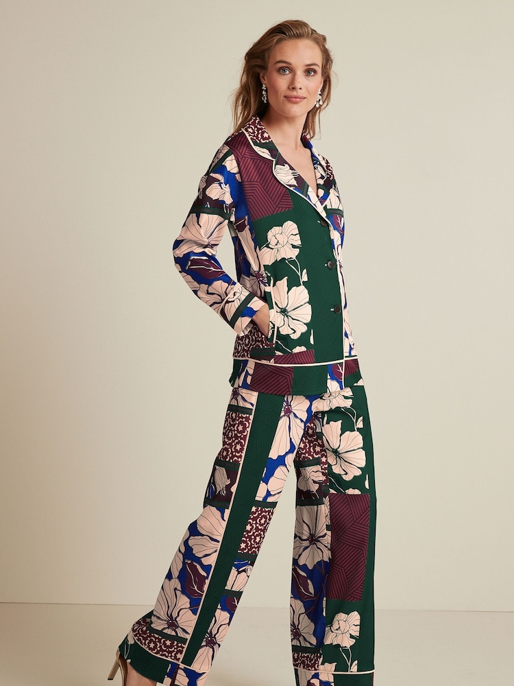 Green Patch Print Satin Button Front Blouse - Image 2 of 5 Green Patch Print Satin Button Front Blouse - Image 2 of 5