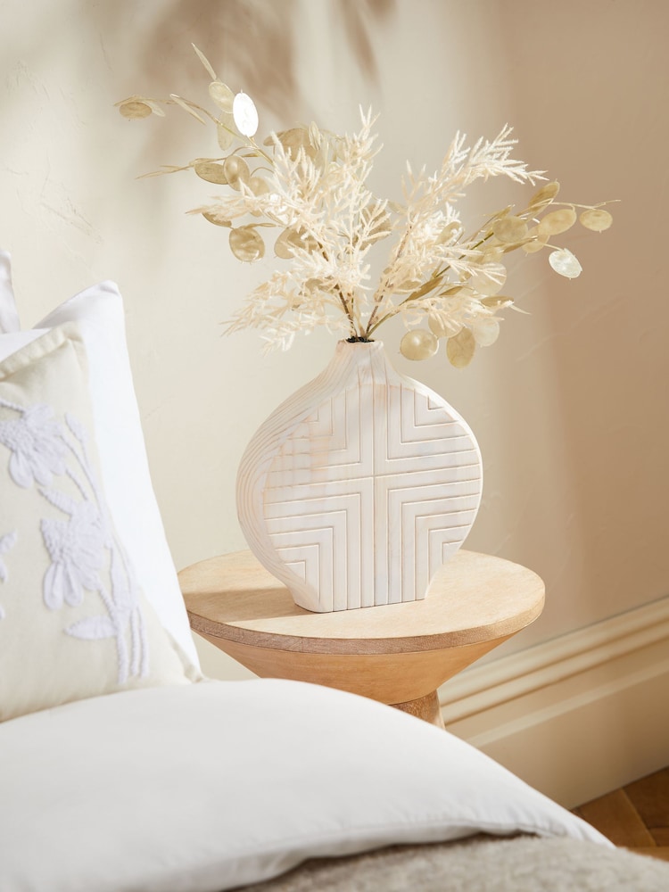 Natural Artificial Honesty and Pampas In Carved Wooden Pot - Image 1 of 4