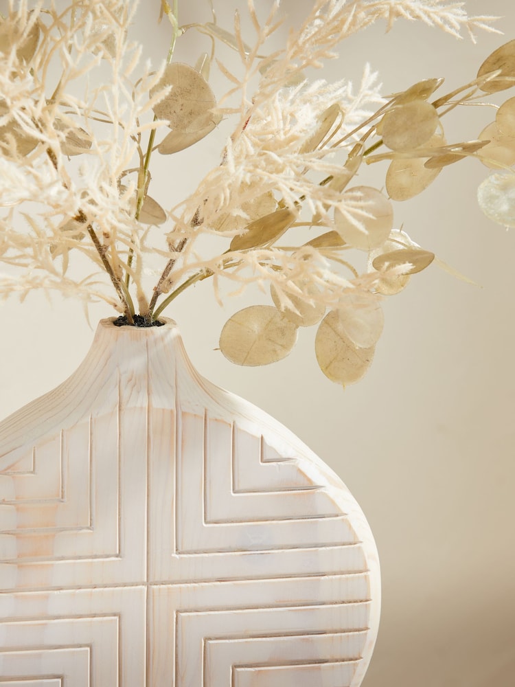 Natural Artificial Honesty and Pampas In Carved Wooden Pot - Image 2 of 4