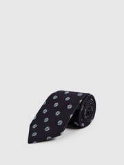 Reiss Navy Rock Medallion Jacquard Print Silk Tie - Image 1 of 6