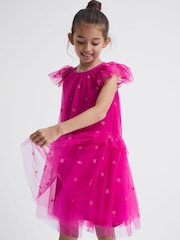 Reiss Bright Pink Fifi Junior Tulle Embroidered Dress - Image 3 of 7