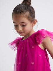 Reiss Bright Pink Fifi Junior Tulle Embroidered Dress - Image 4 of 7