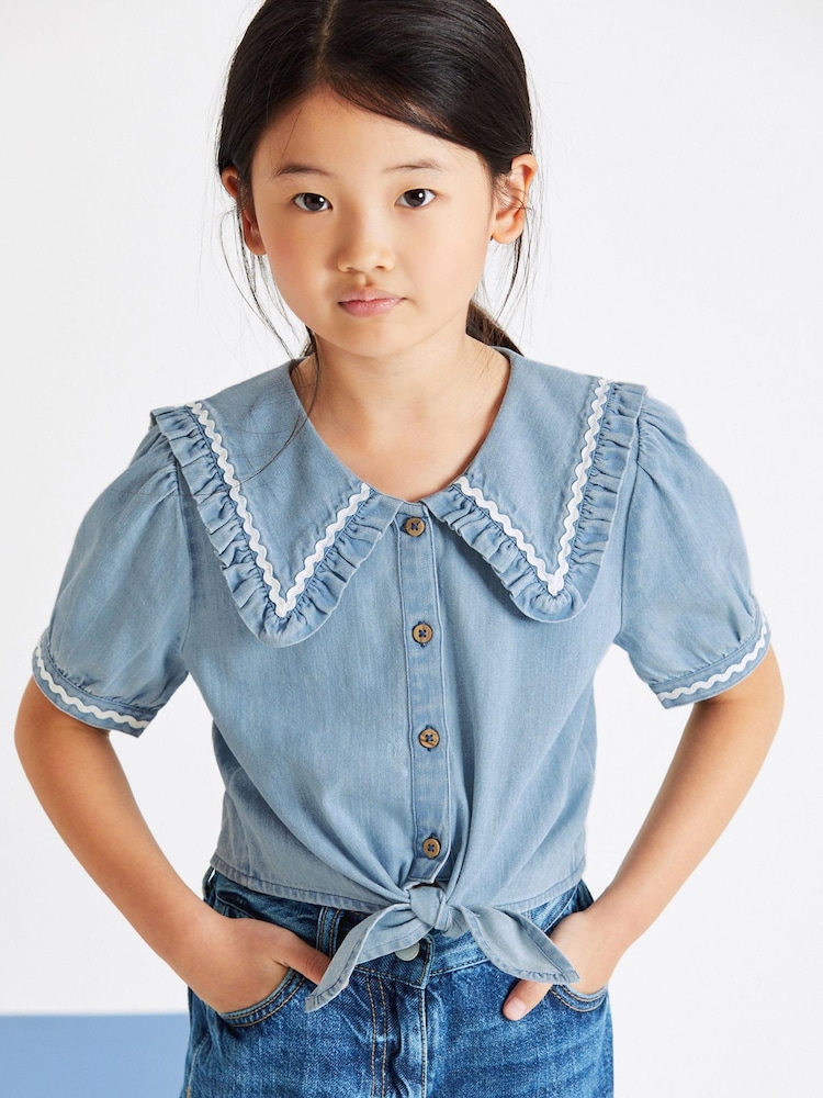 Moder denim - z napihnjenimi rokavi kravata Front bluze (3-16yrs) - Slika 1 iz 5