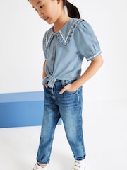 Moder denim - z napihnjenimi rokavi kravata Front bluze (3-16yrs) - Slika 2 iz 5