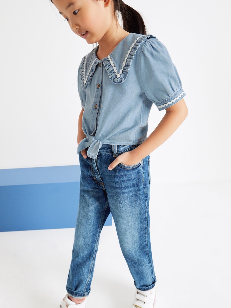 Moder denim - z napihnjenimi rokavi kravata Front bluze (3-16yrs) - Slika 2 iz 5