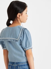 Moder denim - z napihnjenimi rokavi kravata Front bluze (3-16yrs) - Slika 3 iz 5