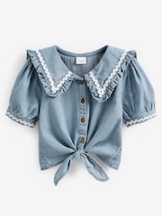 Moder denim - z napihnjenimi rokavi kravata Front bluze (3-16yrs) - Slika 4 iz 5
