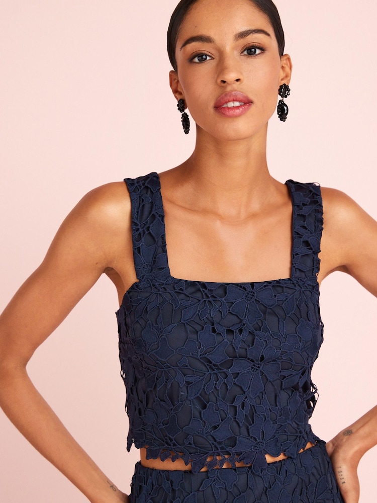 Navy Blue Sleeveless Co Ord Lace Detail Tie Back Top - Image 1 of 5
