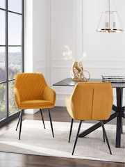 Set of 2 Soft Velvet Ochre Yellow Hamilton Black Leg Quilted Dining Chairs - Image 1 of 10
