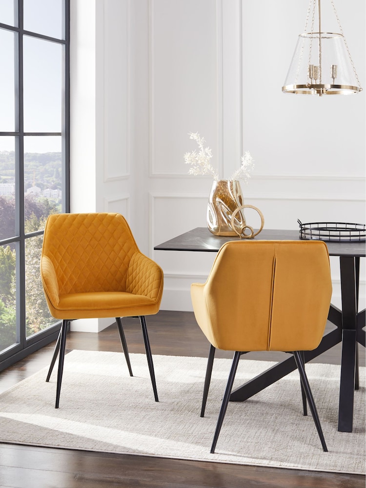 Set of 2 Soft Velvet Ochre Yellow Hamilton Black Leg Quilted Dining Chairs - Image 1 of 10