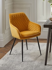 Set of 2 Soft Velvet Ochre Yellow Hamilton Black Leg Quilted Dining Chairs - Image 1 of 9