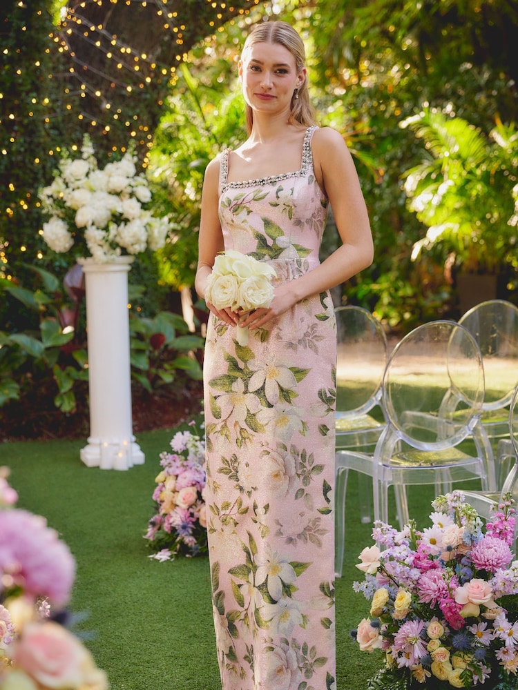 Adrianna Papell Pink Stretch Jacquard Column Dress - Image 1 of 6 Adrianna Papell Pink Stretch Jacquard Column Dress - Image 1 of 6