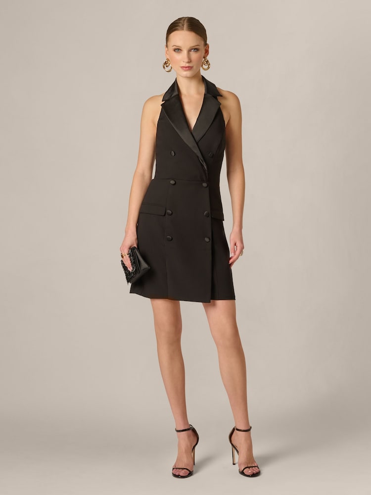 Adrianna Papell Black Stretch Crepe Tuxedo Dress - Image 1 of 6