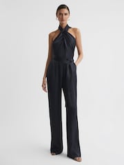 Reiss Midnight Navy Jules Satin Halter Neck Fitted Jumpsuit - Image 1 of 5