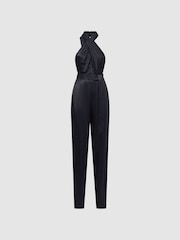 Reiss Midnight Navy Jules Satin Halter Neck Fitted Jumpsuit - Image 2 of 5
