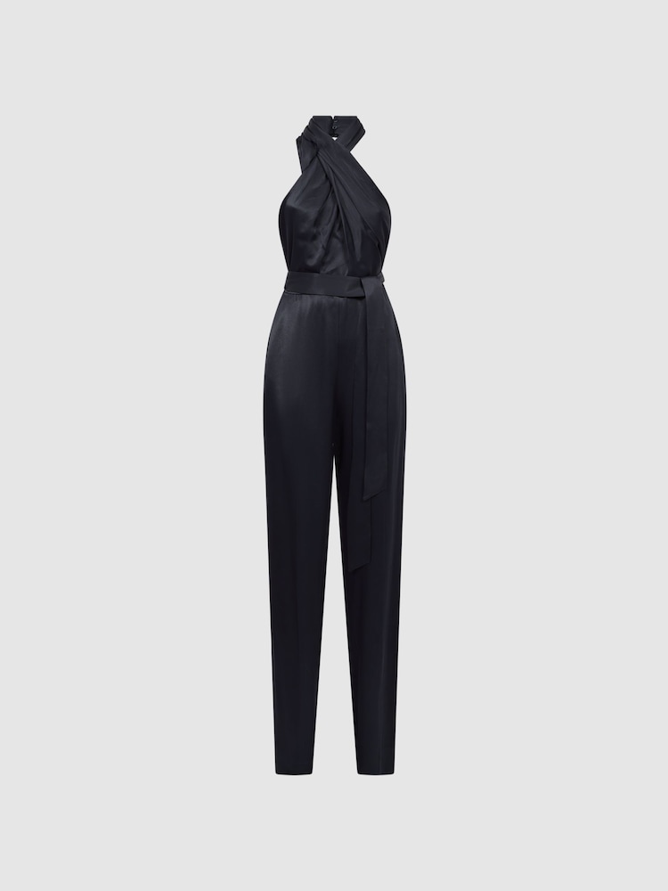 Reiss Midnight Navy Jules Satin Halter Neck Fitted Jumpsuit - Image 2 of 5