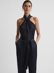 Reiss Midnight Navy Jules Satin Halter Neck Fitted Jumpsuit - Image 3 of 5