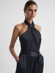 Reiss Midnight Navy Jules Satin Halter Neck Fitted Jumpsuit - Image 4 of 5