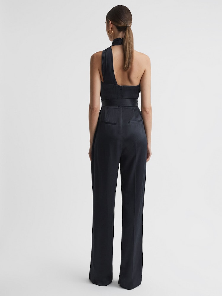Reiss Midnight Navy Jules Satin Halter Neck Fitted Jumpsuit - Image 5 of 5
