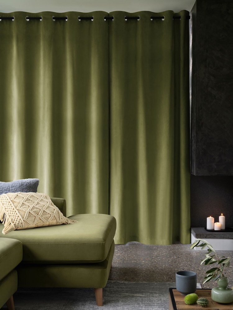 Green Olive Matte Velvet Blackout/Thermal Curtains - Image 3 of 7
