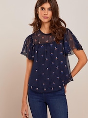 Navy Blue Ditsy Flutter Short Sleeve Top - Image 1 of 5