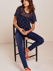 Navy Blue Ditsy Flutter Short Sleeve Top - Image 2 of 5