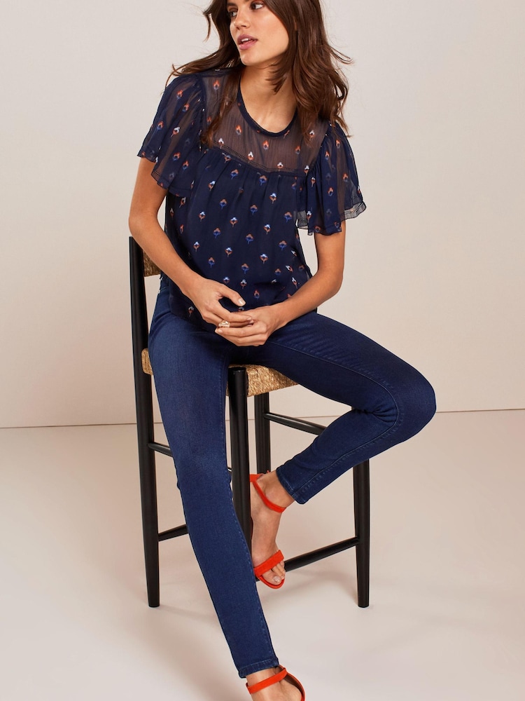 Navy Blue Ditsy Flutter Short Sleeve Top - Image 2 of 5