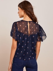 Navy Blue Ditsy Flutter Short Sleeve Top - Image 3 of 5