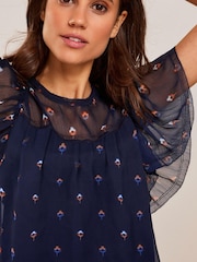 Navy Blue Ditsy Flutter Short Sleeve Top - Image 4 of 5