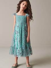 Teal Blue/Mint Green Floral Print Mesh Strappy Midi Dress (3-16yrs) - Image 1 of 8