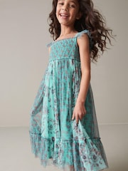 Teal Blue/Mint Green Floral Print Mesh Strappy Midi Dress (3-16yrs) - Image 2 of 8