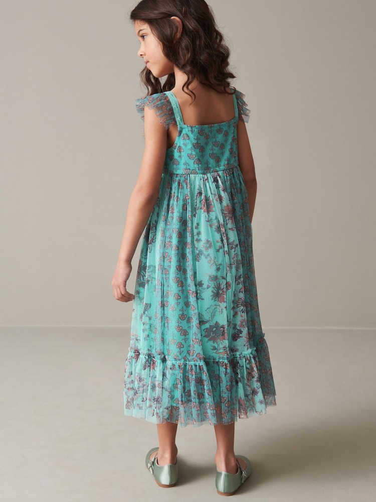 Teal Blue/Mint Green Floral Print Mesh Strappy Midi Dress (3-16yrs) - Image 3 of 8