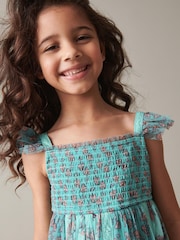 Teal Blue/Mint Green Floral Print Mesh Strappy Midi Dress (3-16yrs) - Image 5 of 8