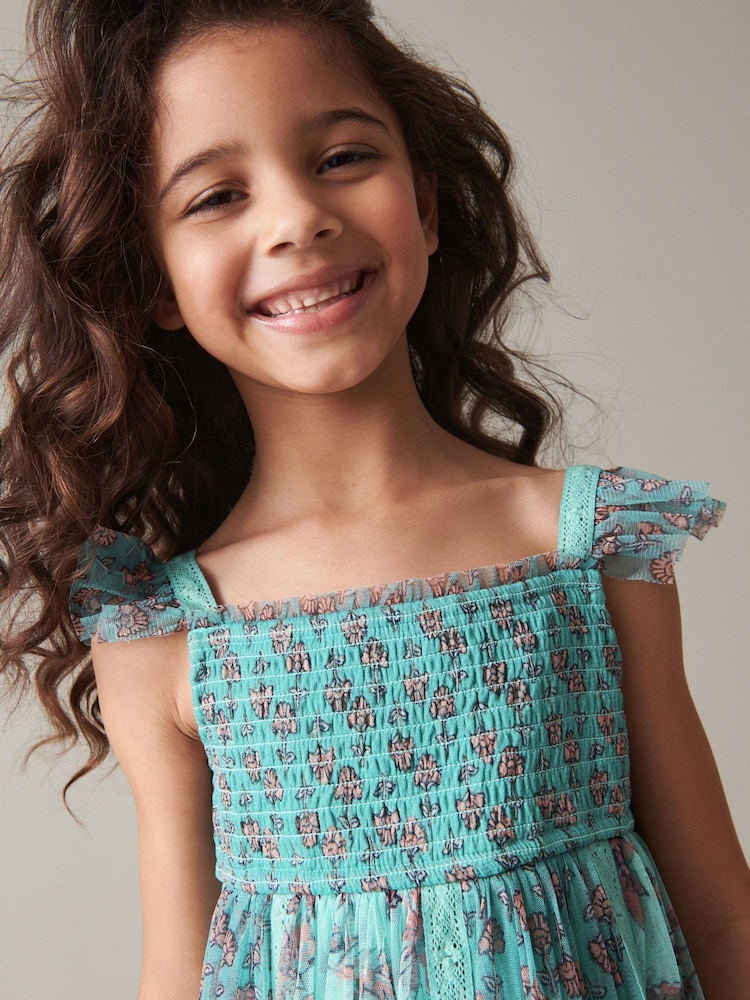 Teal Blue/Mint Green Floral Print Mesh Strappy Midi Dress (3-16yrs) - Image 5 of 8