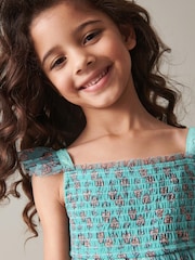 Teal Blue/Mint Green Floral Print Mesh Strappy Midi Dress (3-16yrs) - Image 6 of 8