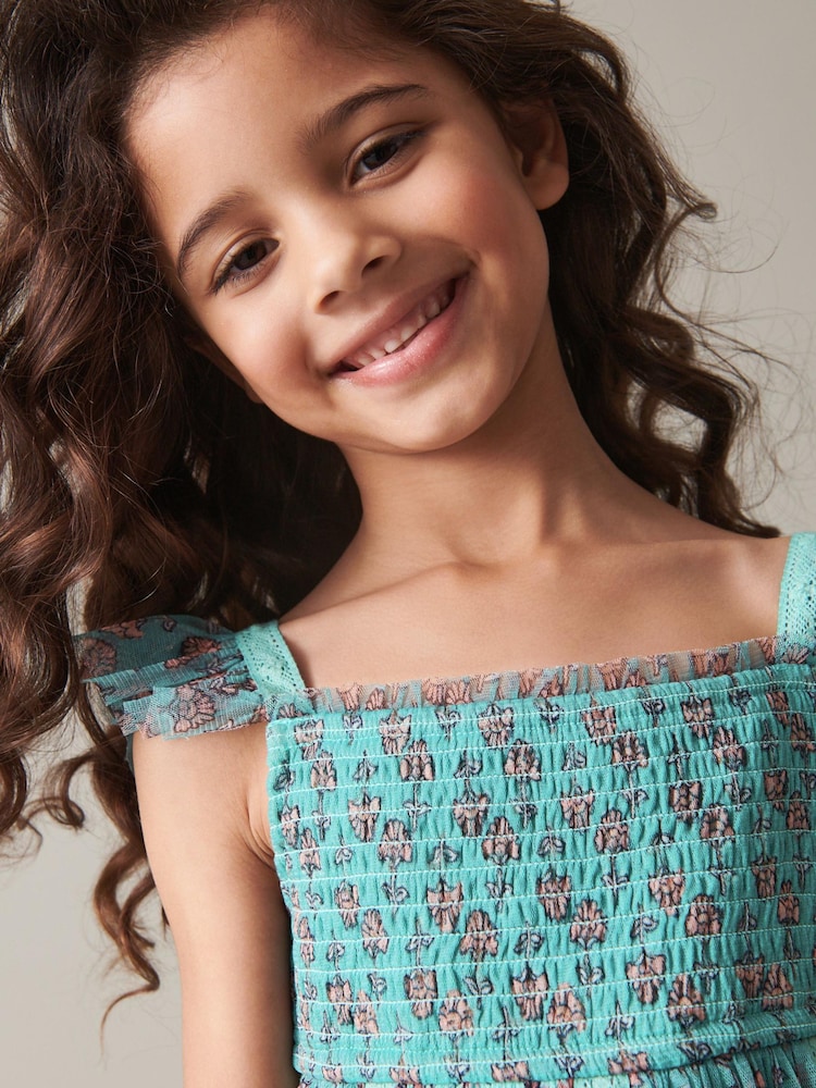 Teal Blue/Mint Green Floral Print Mesh Strappy Midi Dress (3-16yrs) - Image 6 of 8