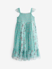 Teal Blue/Mint Green Floral Print Mesh Strappy Midi Dress (3-16yrs) - Image 7 of 8