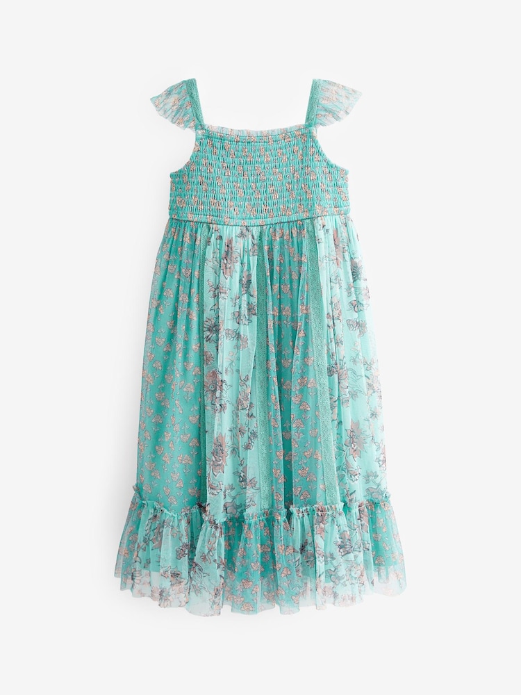 Teal Blue/Mint Green Floral Print Mesh Strappy Midi Dress (3-16yrs) - Image 7 of 8