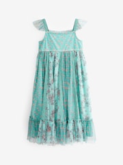 Teal Blue/Mint Green Floral Print Mesh Strappy Midi Dress (3-16yrs) - Image 8 of 8