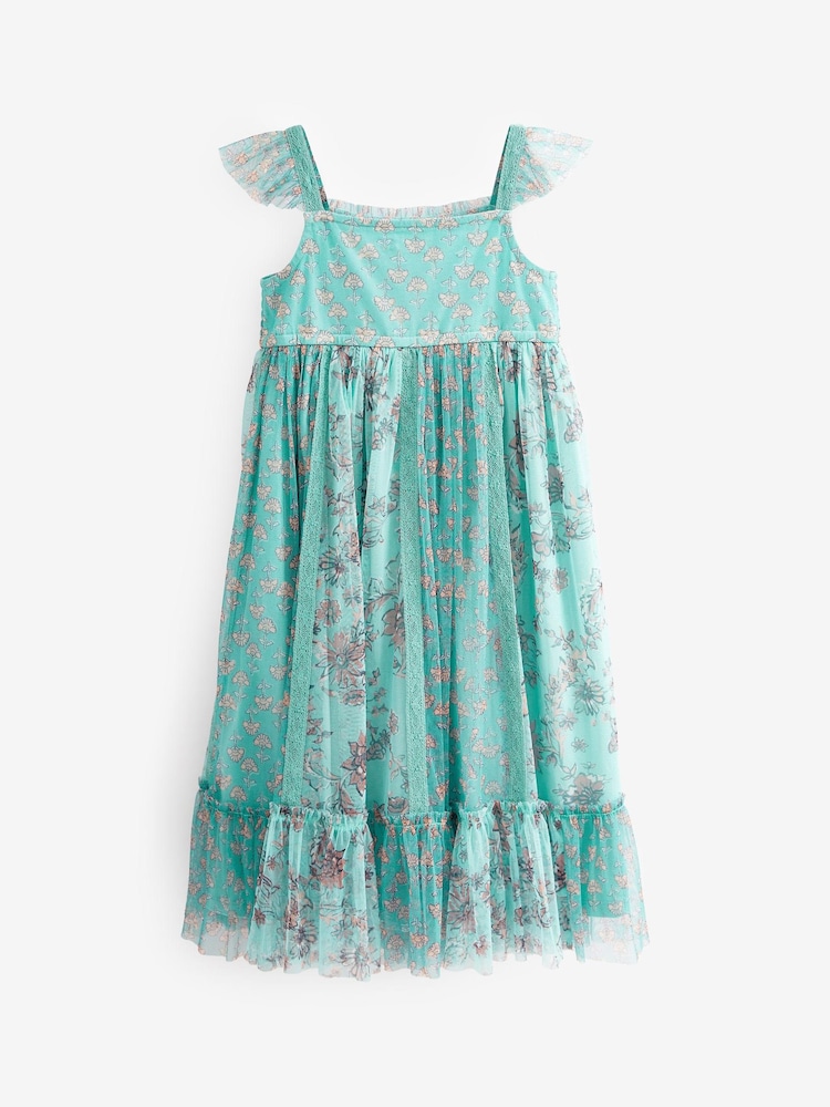 Teal Blue/Mint Green Floral Print Mesh Strappy Midi Dress (3-16yrs) - Image 8 of 8